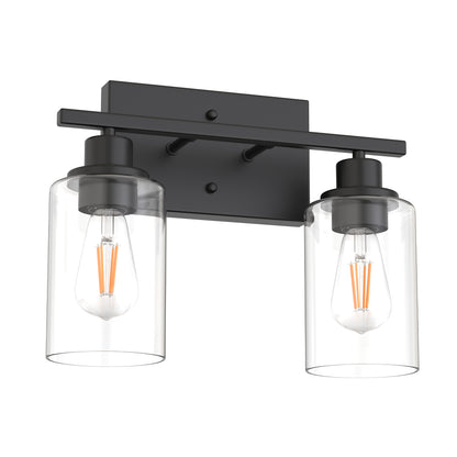 YANSUN 13.4 in. 2 Light Matte Black Vanity Light with Clear Cylinder Glass Shades for Industrial Bathroom Design