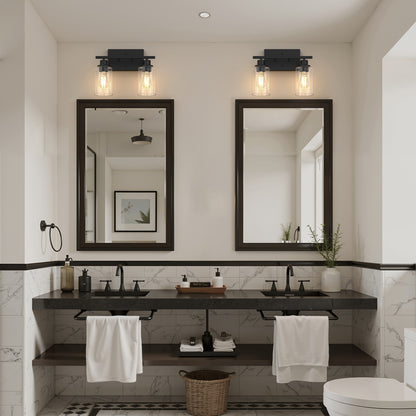YANSUN 13.4 in. 2 Light Matte Black Vanity Light with Clear Cylinder Glass Shades for Industrial Bathroom Design