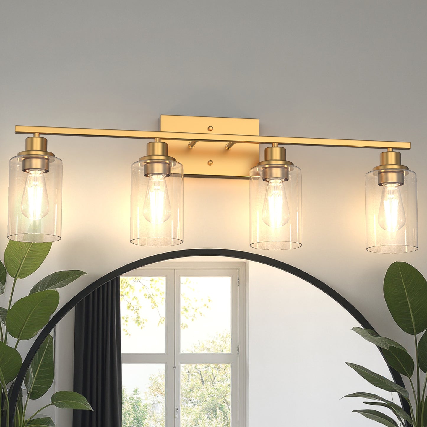 YANSUN 31.5 in. 4-Light Industrial Vintage Vanity Light, Copper Finish, Clear Glass Cylinder Shades, E26 Socket, Modern Bathroom Wall Light