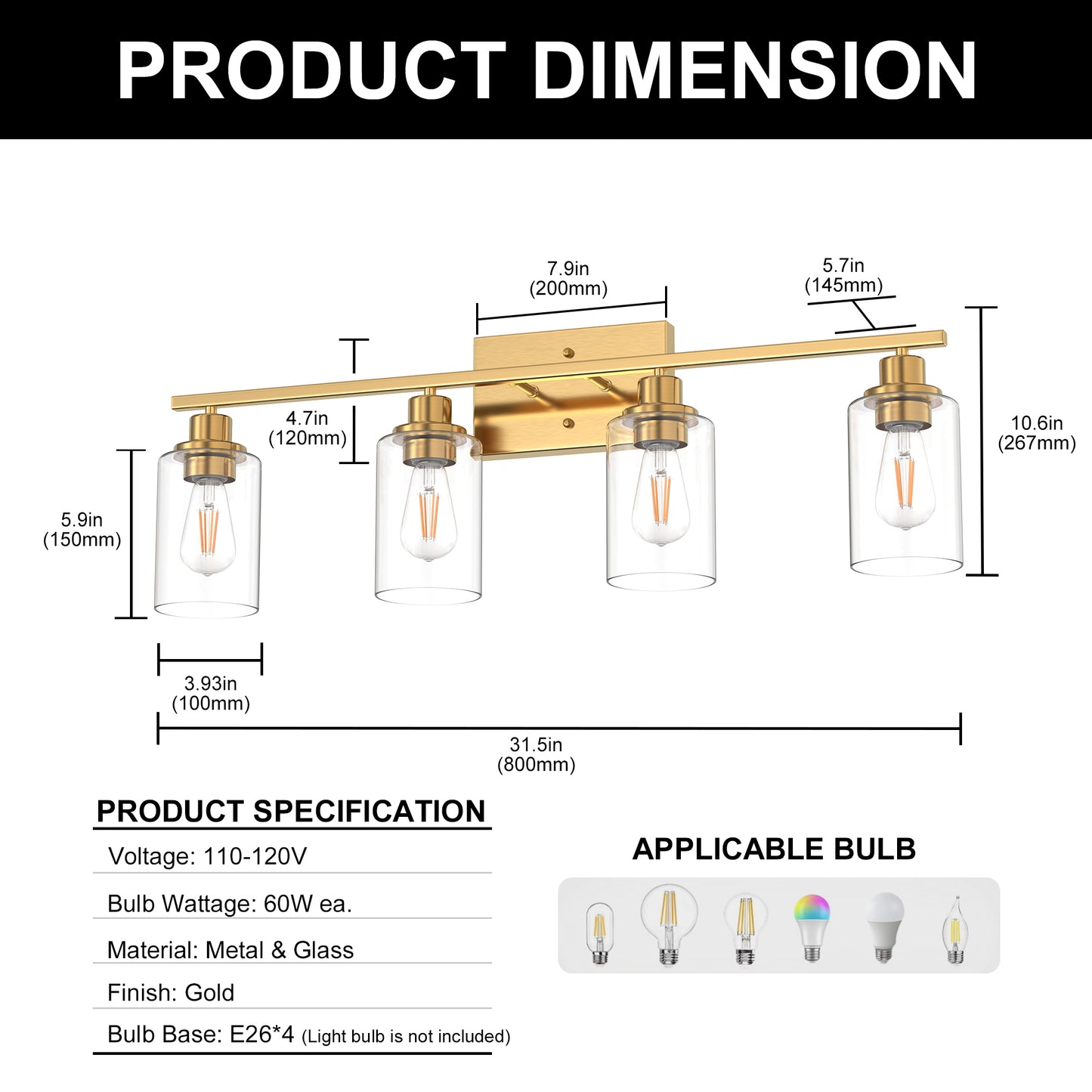 YANSUN 31.5 in. 4-Light Industrial Vintage Vanity Light, Copper Finish, Clear Glass Cylinder Shades, E26 Socket, Modern Bathroom Wall Light