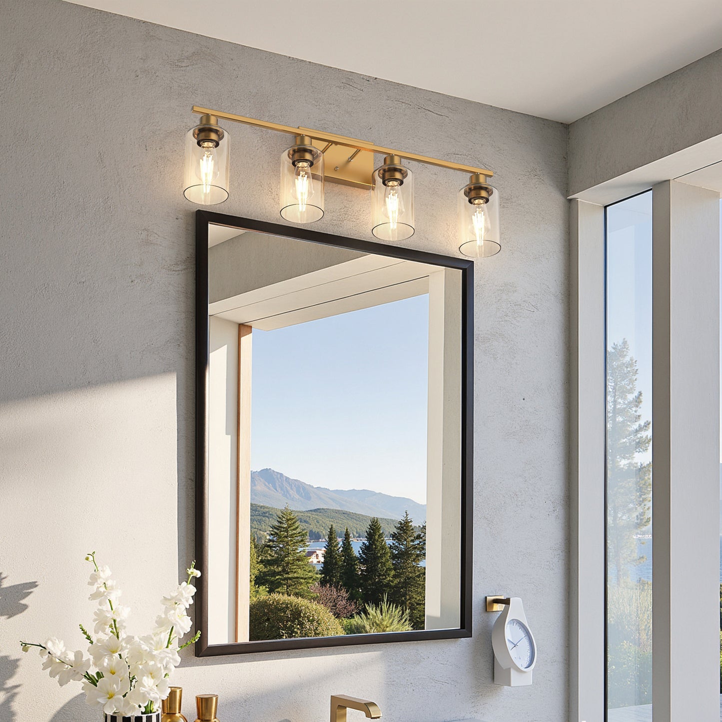 YANSUN 31.5 in. 4-Light Industrial Vintage Vanity Light, Copper Finish, Clear Glass Cylinder Shades, E26 Socket, Modern Bathroom Wall Light