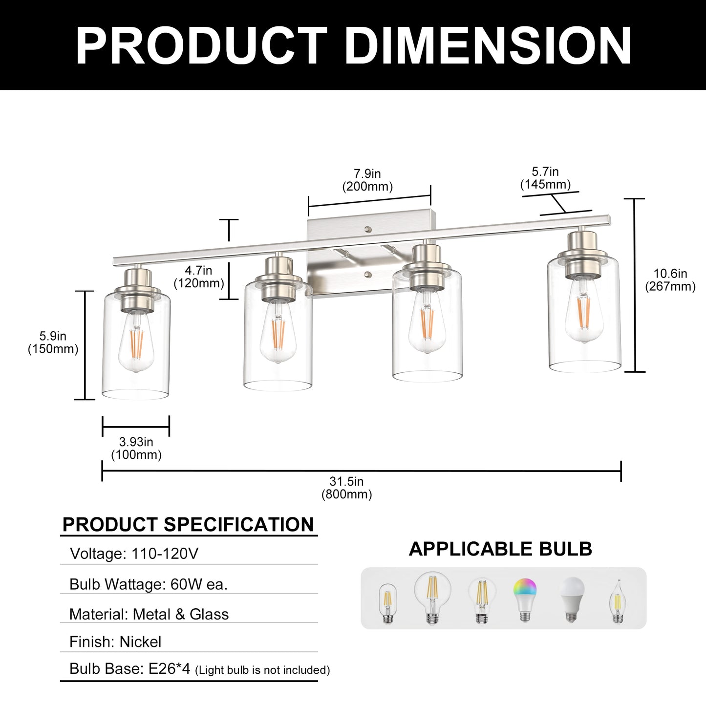YANSUN 32 in. 4 Light Brushed Nickel Vanity Light with Clear Glass Cylinder Shades for Bathroom or Dressing Area
