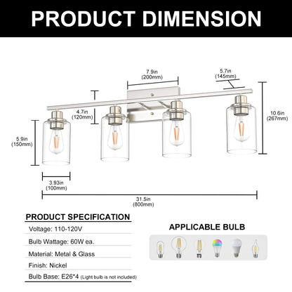 YANSUN 32 in. 4 Light Brushed Nickel Vanity Light with Clear Glass Cylinder Shades for Bathroom or Dressing Area