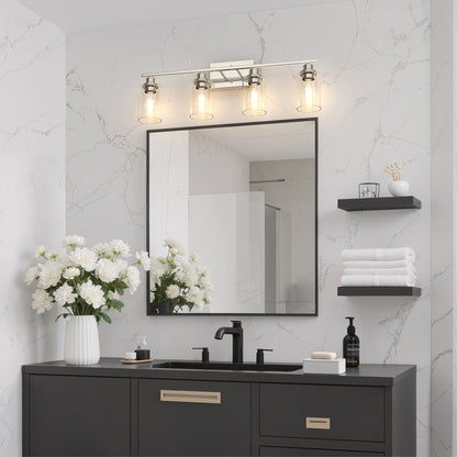 YANSUN 32 in. 4 Light Brushed Nickel Vanity Light with Clear Glass Cylinder Shades for Bathroom or Dressing Area