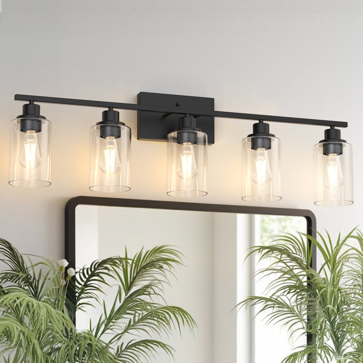 YANSUN 35.4 in. 5 Light Matte Black Vanity Light with Clear Cylinder Glass Shades for Industrial Bathroom Use