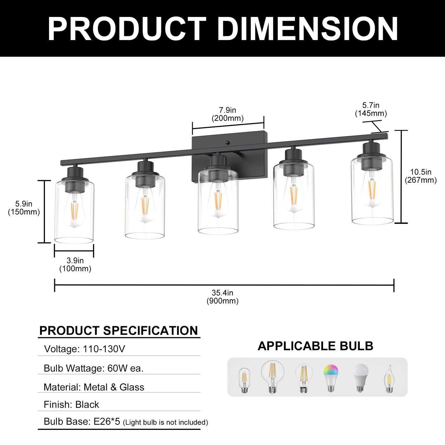 YANSUN 35.4 in. 5 Light Matte Black Vanity Light with Clear Cylinder Glass Shades for Industrial Bathroom Use