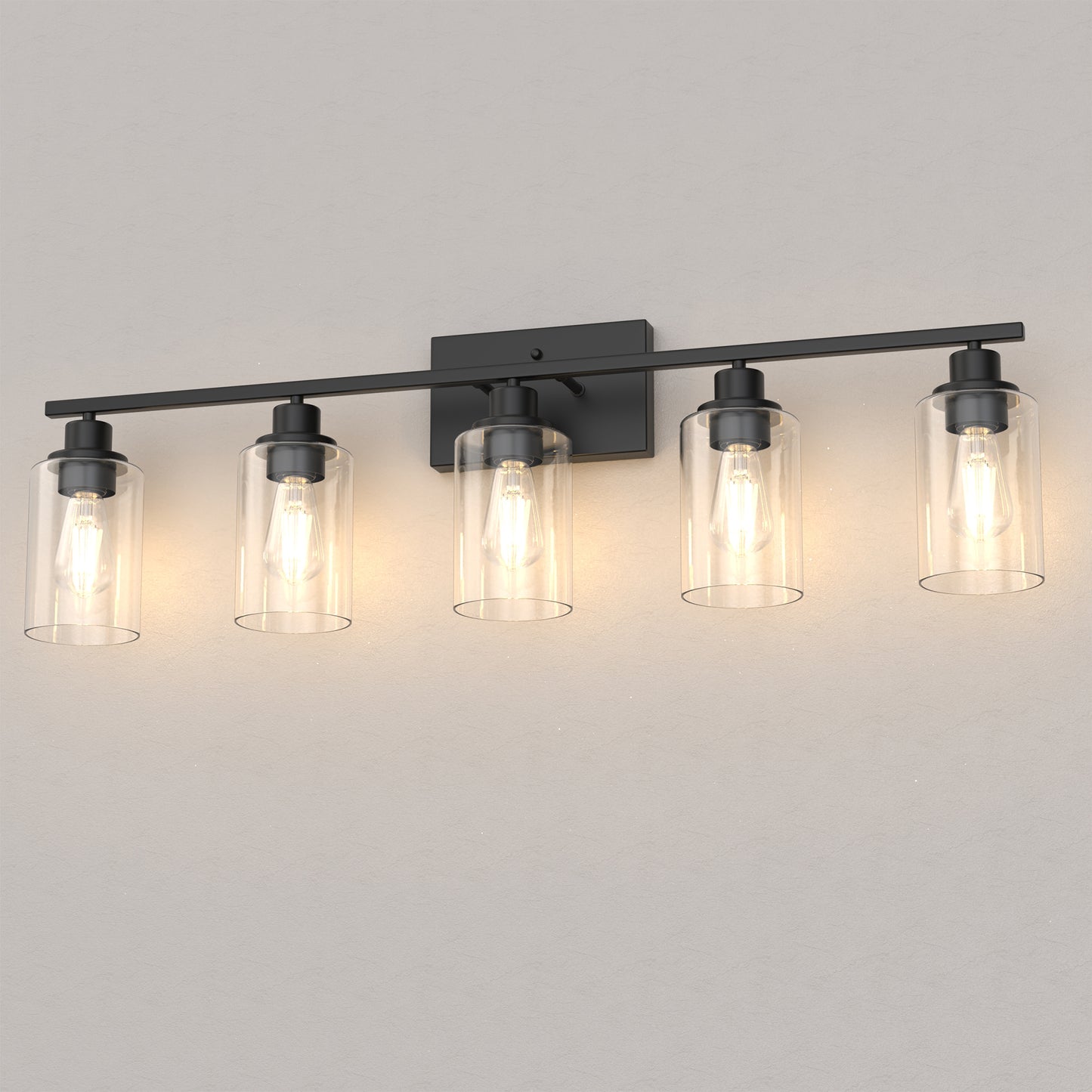 YANSUN 35.4 in. 5 Light Matte Black Vanity Light with Clear Cylinder Glass Shades for Industrial Bathroom Use