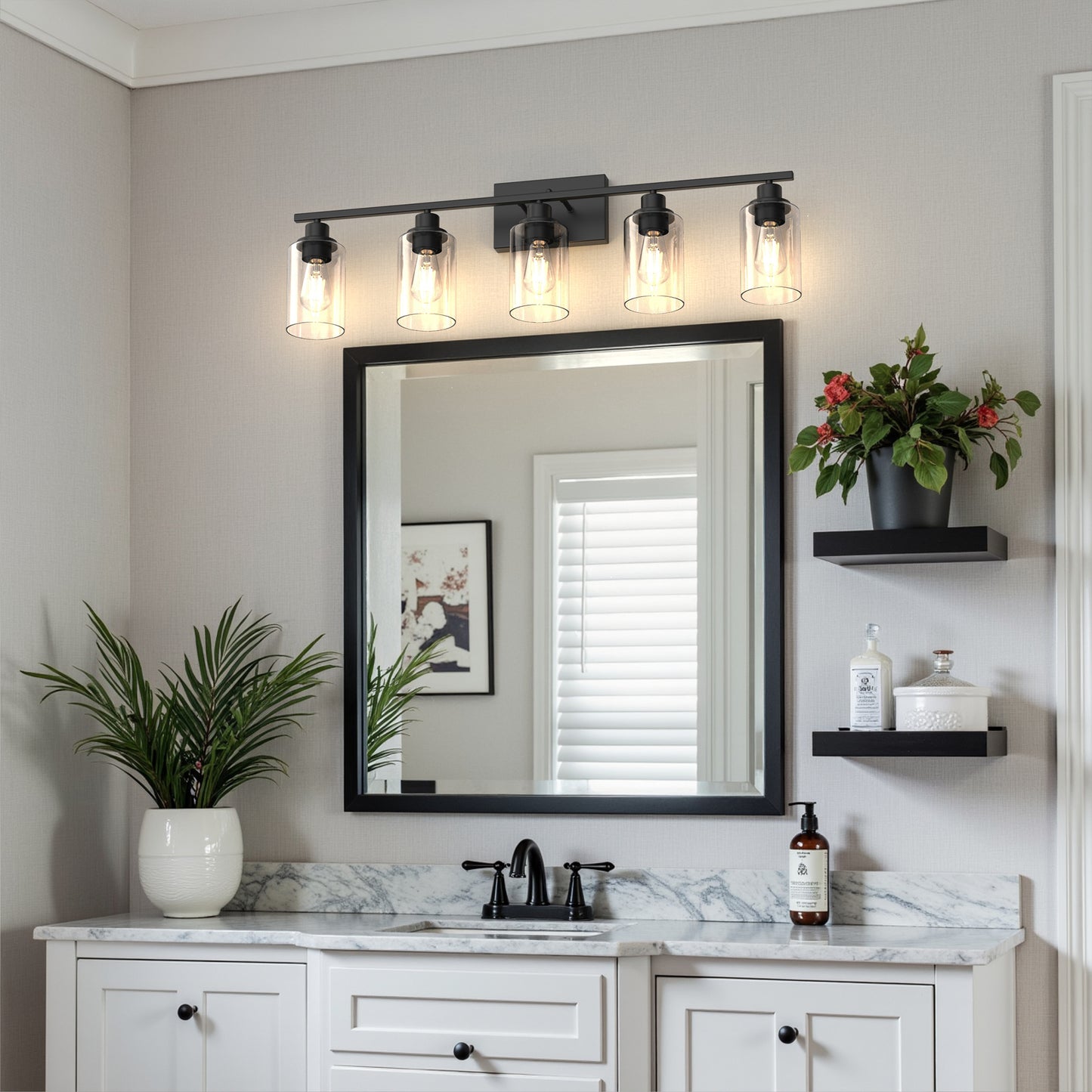 YANSUN 35.4 in. 5 Light Matte Black Vanity Light with Clear Cylinder Glass Shades for Industrial Bathroom Use
