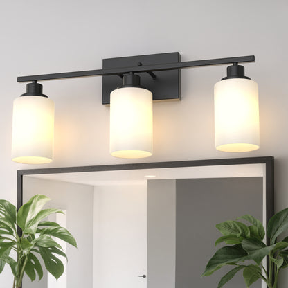 YANSUN 3-Light Industrial Vintage Vanity Light with Frosted Cylinder Glass Shades Black E26 Bulb Not Included