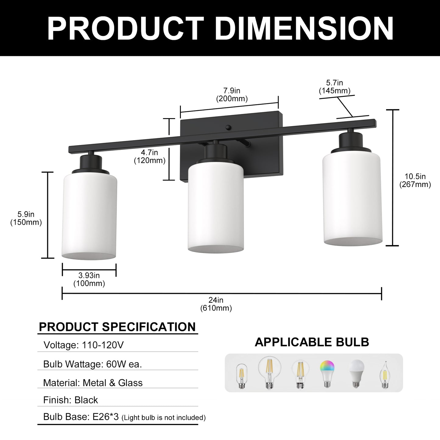 YANSUN 3-Light Industrial Vintage Vanity Light with Frosted Cylinder Glass Shades Black E26 Bulb Not Included