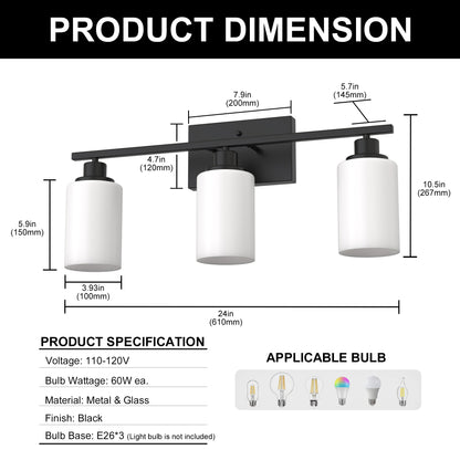 YANSUN 3-Light Industrial Vintage Vanity Light with Frosted Cylinder Glass Shades Black E26 Bulb Not Included