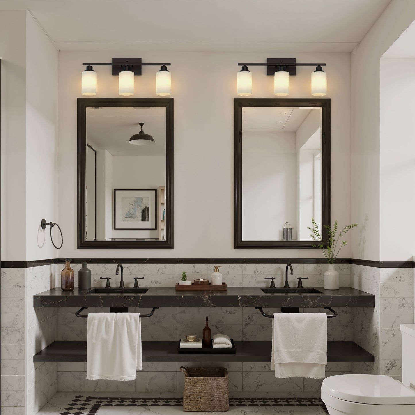 YANSUN 24 in. 3 Light Matte Black Vanity Light with Frosted Cylinder Glass Shades for Industrial Bathroom Design