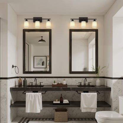YANSUN 24 in. 3 Light Matte Black Vanity Light with Frosted Cylinder Glass Shades for Industrial Bathroom Design