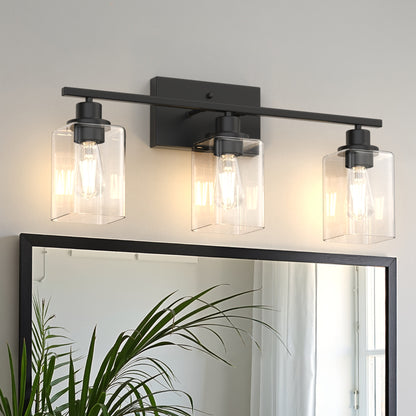 YANSUN 24 in. 3 Light Matte Black Vanity Light with Clear Square Glass Shades for Industrial Bathroom Decor