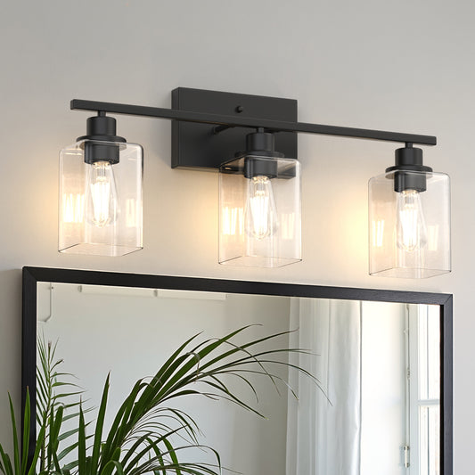 YANSUN 24 in. 3 Light Matte Black Vanity Light with Clear Square Glass Shades for Industrial Bathroom Decor