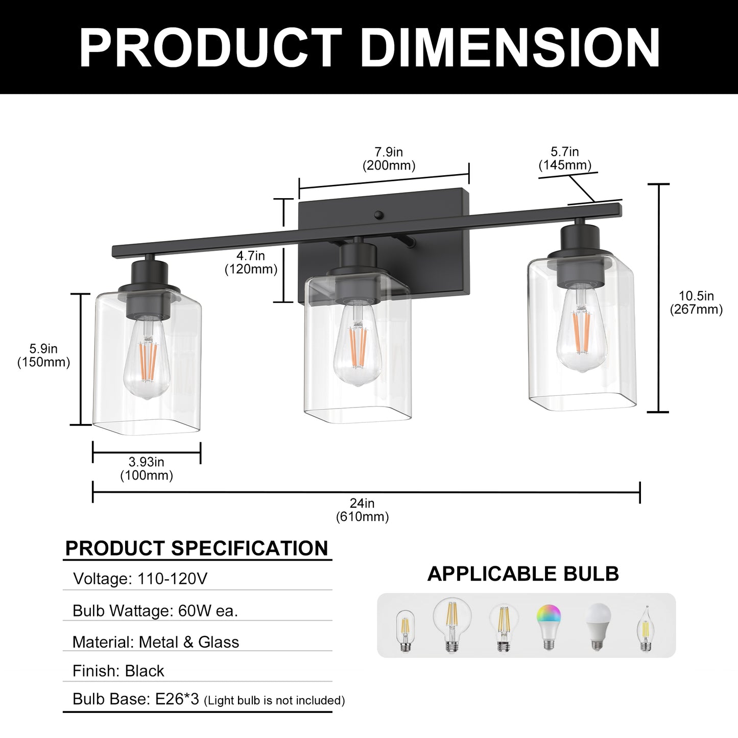 YANSUN 24 in. 3 Light Matte Black Vanity Light with Clear Square Glass Shades for Industrial Bathroom Decor