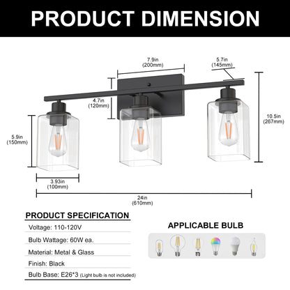YANSUN 24 in. 3 Light Matte Black Vanity Light with Clear Square Glass Shades for Industrial Bathroom Decor