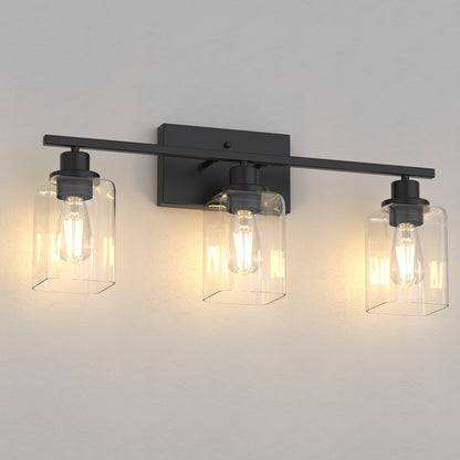 YANSUN 24 in. 3 Light Matte Black Vanity Light with Clear Square Glass Shades for Industrial Bathroom Decor