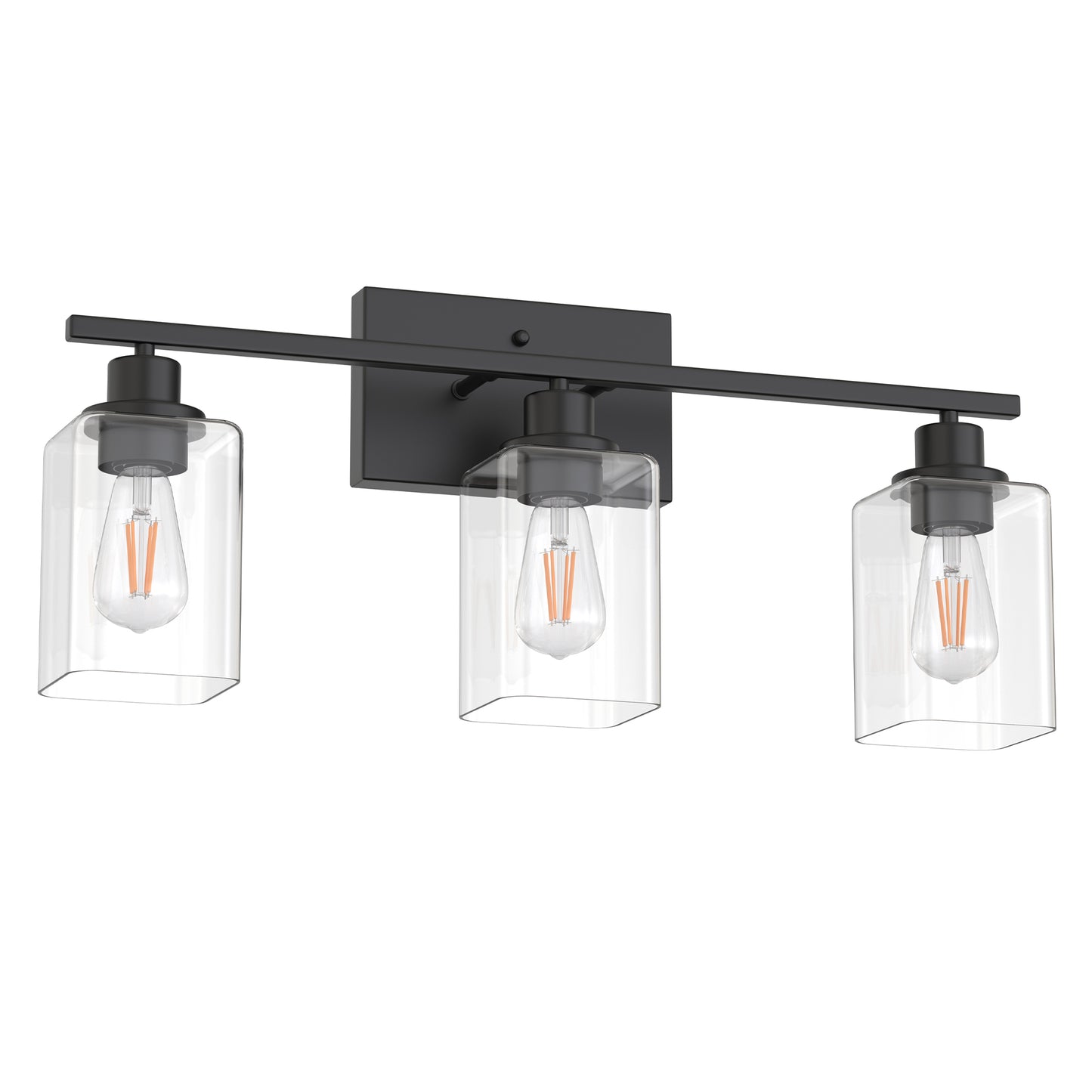 YANSUN 24 in. 3 Light Matte Black Vanity Light with Clear Square Glass Shades for Industrial Bathroom Decor