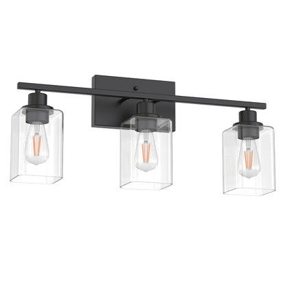 YANSUN 24 in. 3 Light Matte Black Vanity Light with Clear Square Glass Shades for Industrial Bathroom Decor