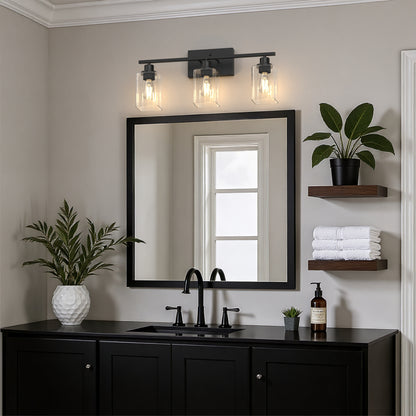 YANSUN 24 in. 3 Light Matte Black Vanity Light with Clear Square Glass Shades for Industrial Bathroom Decor