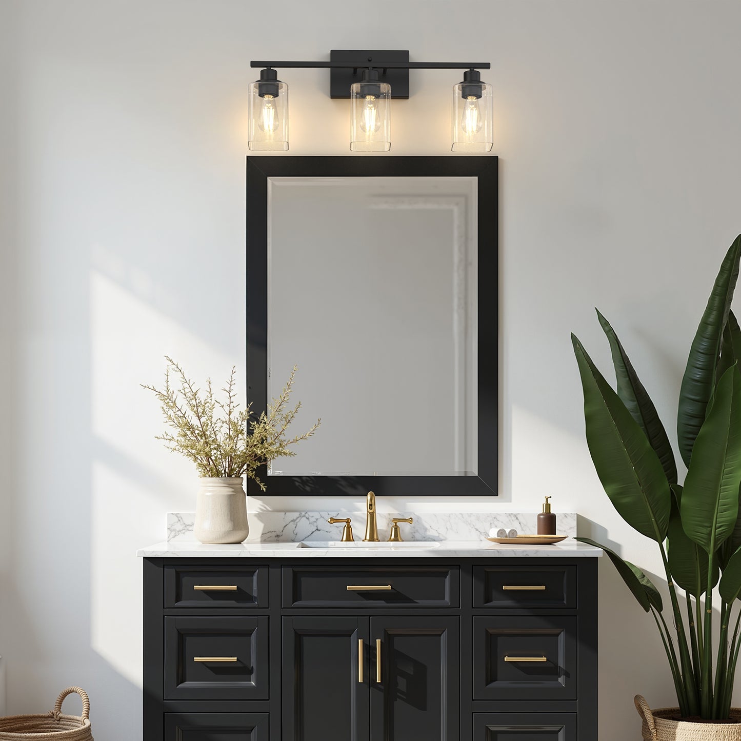 YANSUN 24 in. 3 Light Matte Black Vanity Light with Clear Square Glass Shades for Industrial Bathroom Decor