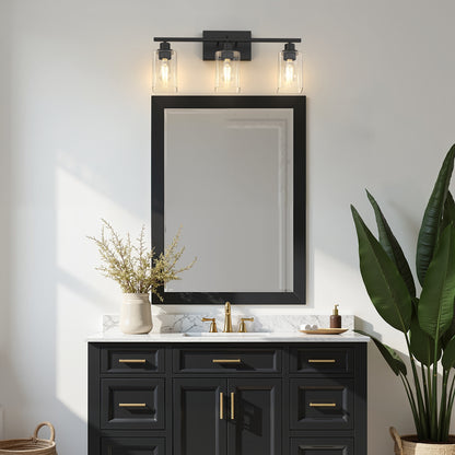 YANSUN 24 in. 3 Light Matte Black Vanity Light with Clear Square Glass Shades for Industrial Bathroom Decor