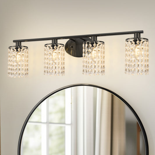 YANSUN 4-Light Bathroom Vanity Mirror Light, Black Crystal Finish, E12 Socket, Modern Vanity Lighting for Bedroom, Hallway