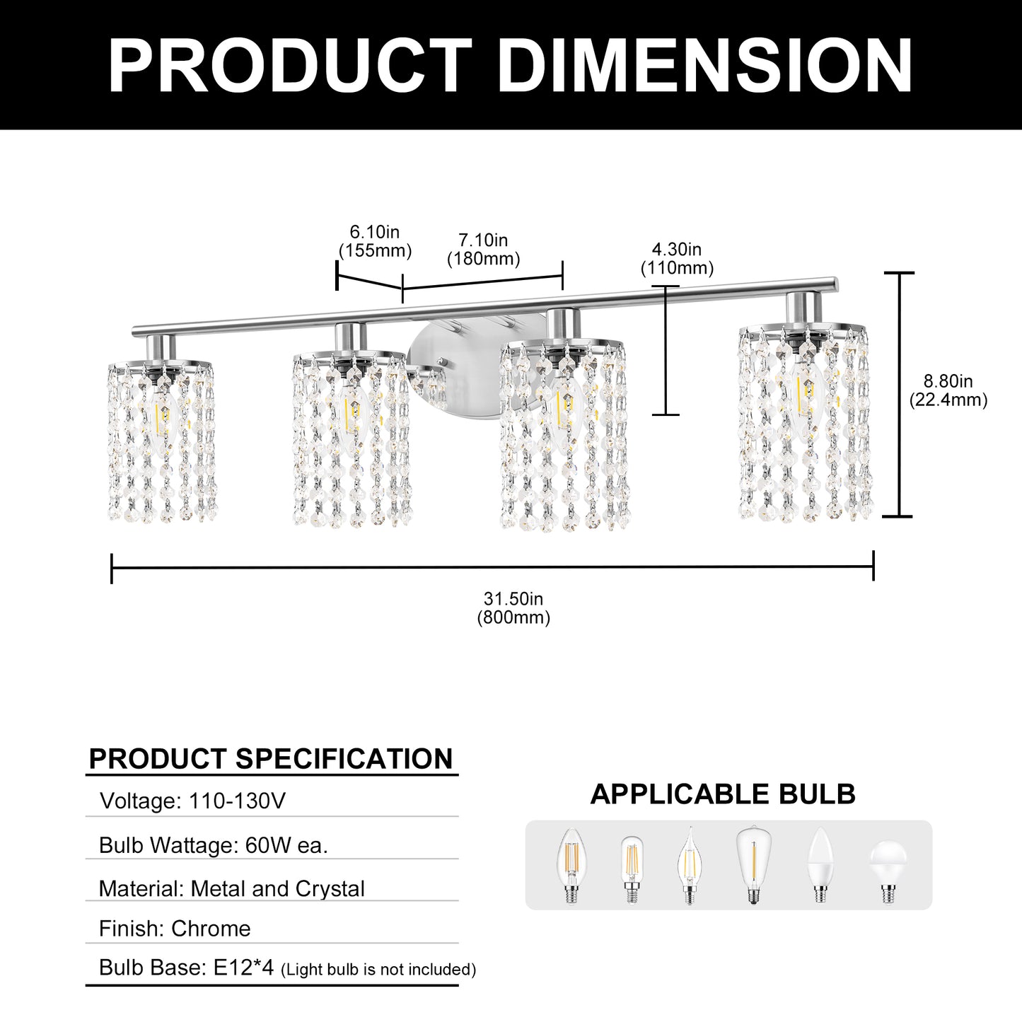 YANSUN 32 in. 4-Light Chrome Crystal Bathroom Vanity Light, Modern Wall Sconce Perfect for Vanity Powder Room Dressing Room