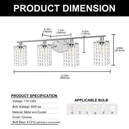 YANSUN 32 in. 4-Light Chrome Crystal Bathroom Vanity Light, Modern Wall Sconce Perfect for Vanity Powder Room Dressing Room