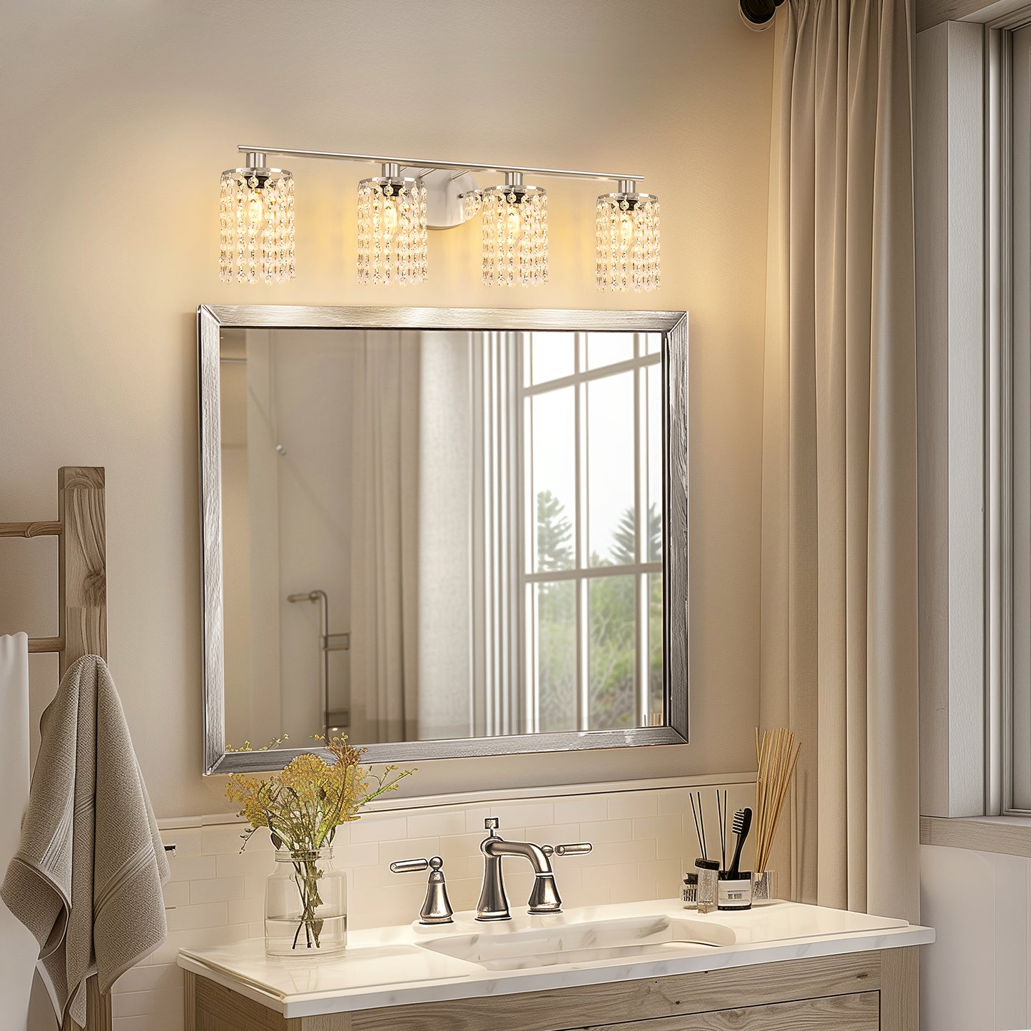 YANSUN 32 in. 4-Light Chrome Crystal Bathroom Vanity Light, Modern Wall Sconce Perfect for Vanity Powder Room Dressing Room