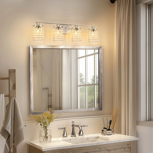 YANSUN 32 in. 4-Light Chrome Crystal Bathroom Vanity Light, Modern Wall Sconce Perfect for Vanity Powder Room Dressing Room