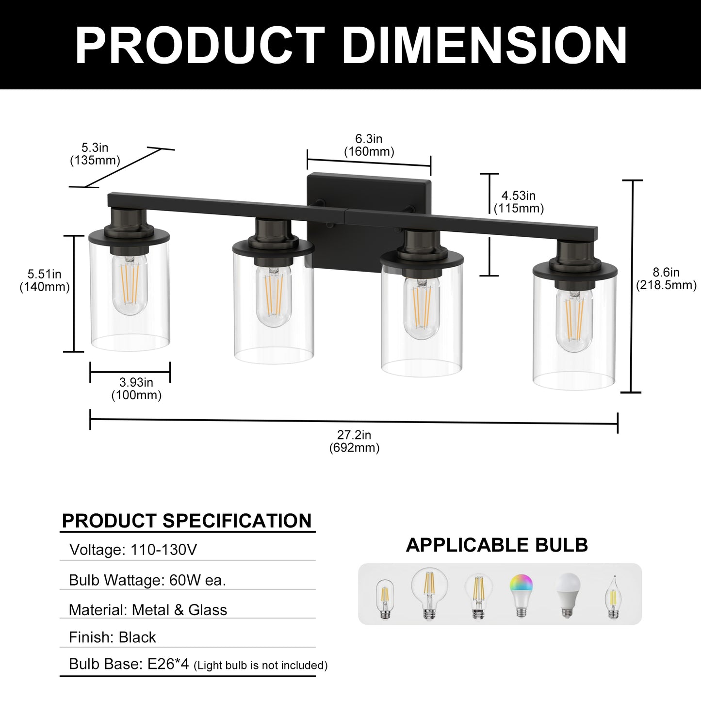 YANSUN 4-Light Black Vanity Fixture with Transparent Cylindrical Glass Shades E26 Bulb Not Included