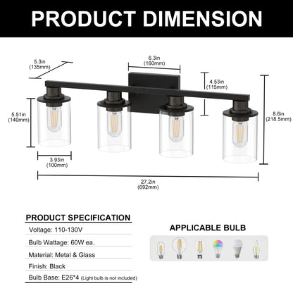 YANSUN 4-Light Black Vanity Fixture with Transparent Cylindrical Glass Shades E26 Bulb Not Included