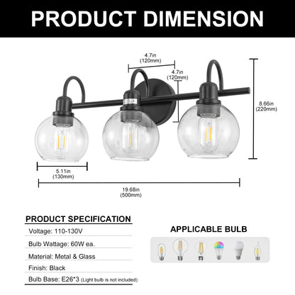20 in. 3-Light Matte Black Industrial Bathroom Vanity Light with Clear Globe Glass Shades