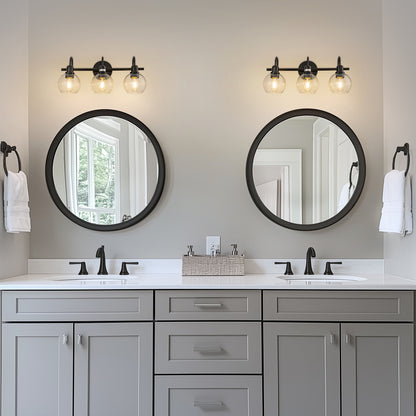 20 in. 3-Light Matte Black Industrial Bathroom Vanity Light with Clear Globe Glass Shades
