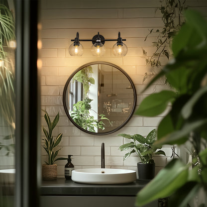 20 in. 3-Light Matte Black Industrial Bathroom Vanity Light with Clear Globe Glass Shades