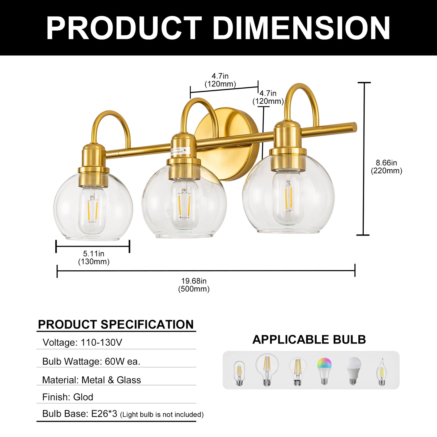 YANSUN 20 in. 3-Light Gold Bathroom Vanity Light, Industrial Design with Clear Glass Globe Shade for Powder Room Dressing Room