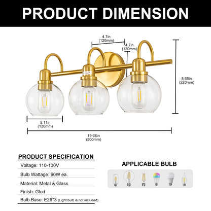YANSUN 20 in. 3-Light Gold Bathroom Vanity Light, Industrial Design with Clear Glass Globe Shade for Powder Room Dressing Room