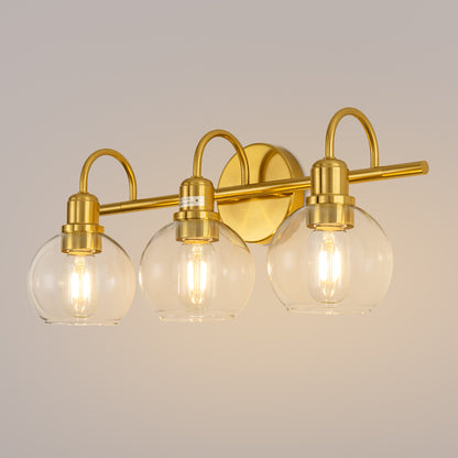 YANSUN 20 in. 3-Light Gold Bathroom Vanity Light, Industrial Design with Clear Glass Globe Shade for Powder Room Dressing Room