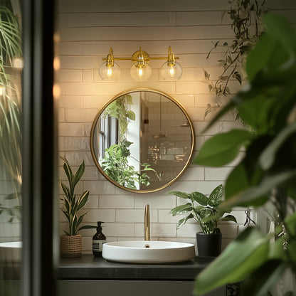 YANSUN 20 in. 3-Light Gold Bathroom Vanity Light, Industrial Design with Clear Glass Globe Shade for Powder Room Dressing Room