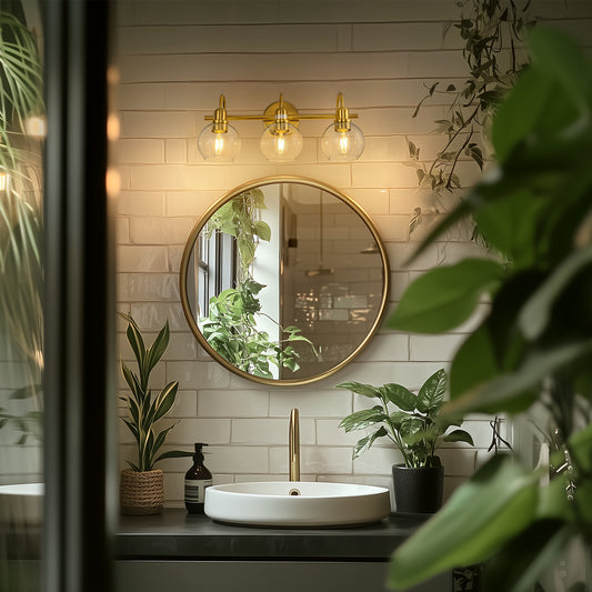YANSUN 20 in. 3-Light Gold Bathroom Vanity Light, Industrial Design with Clear Glass Globe Shade for Powder Room Dressing Room
