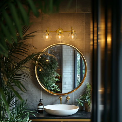 YANSUN 20 in. 3-Light Gold Bathroom Vanity Light, Industrial Design with Clear Glass Globe Shade for Powder Room Dressing Room