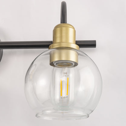 20 in. 3-Light Matte Black and Gold Industrial 3-Light Bathroom Vanity Light with Clear Glass Globe Shades Bathroom