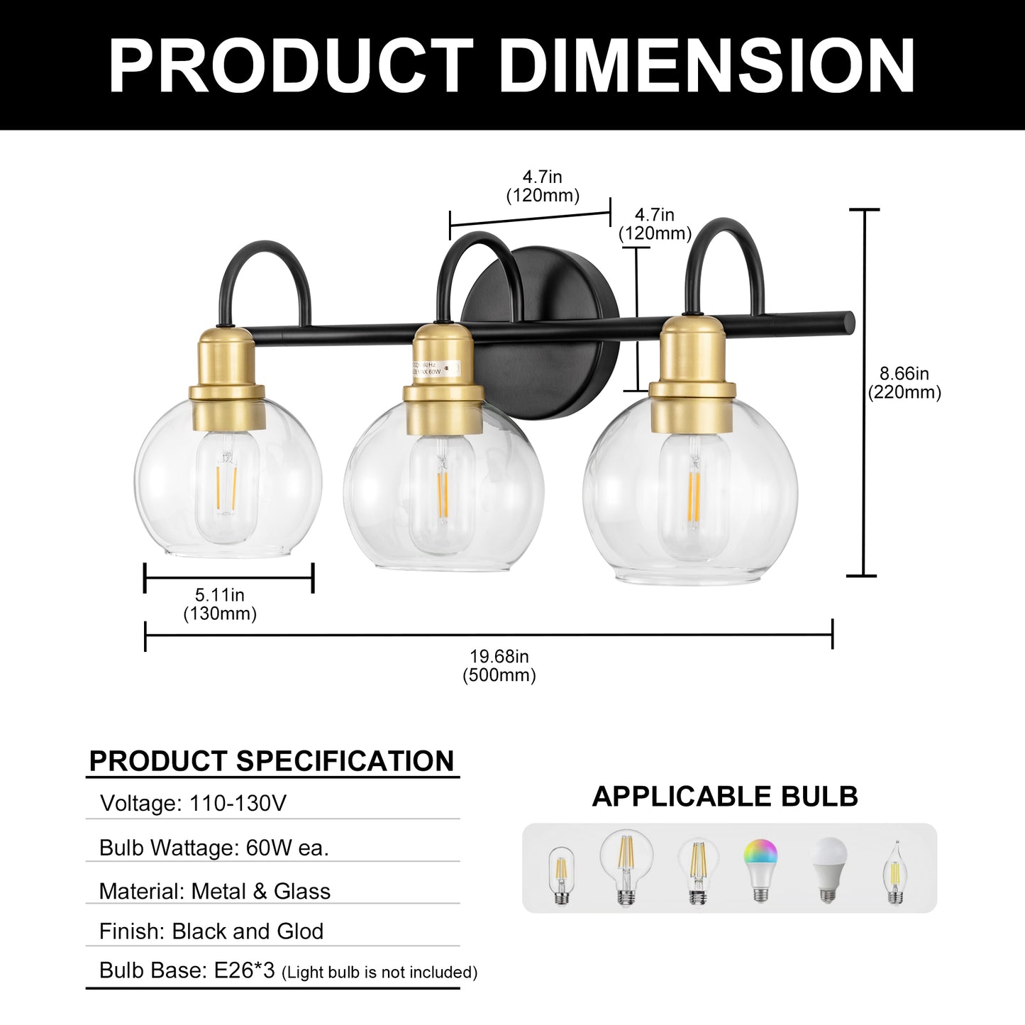 YANSUN 20 in. Industrial 3-Light Black and Gold Bathroom Vanity Light with Clear Glass Globe Shade for Bathroom or Mirror