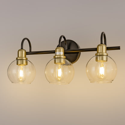 YANSUN 20 in. Industrial 3-Light Black and Gold Bathroom Vanity Light with Clear Glass Globe Shade for Bathroom or Mirror