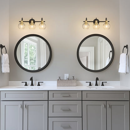 20 in. 3-Light Matte Black and Gold Industrial 3-Light Bathroom Vanity Light with Clear Glass Globe Shades Bathroom