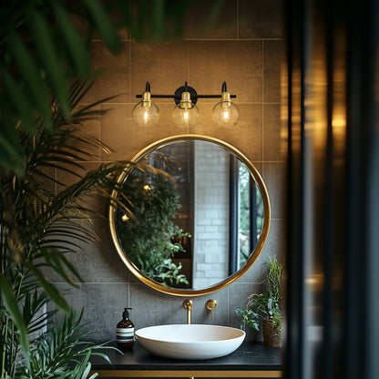 YANSUN 20 in. Industrial 3-Light Black and Gold Bathroom Vanity Light with Clear Glass Globe Shade for Bathroom or Mirror