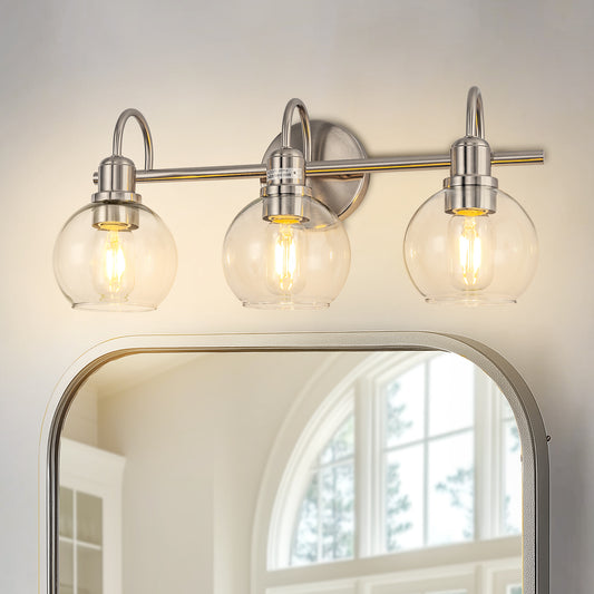 YANSUN 20 in. 3-Light Brushed Nickel Bathroom Vanity Light, Industrial Design with Clear Glass Globe Shade for Powder Room