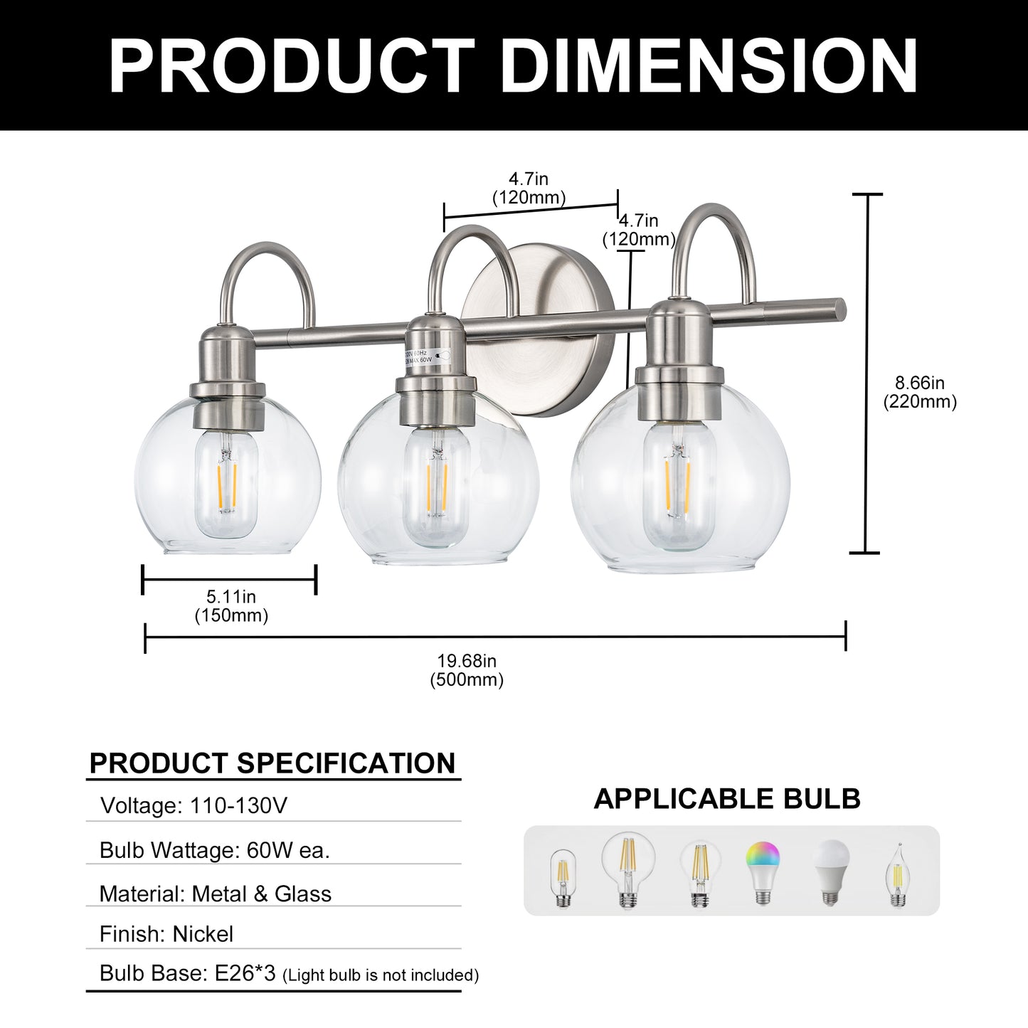 YANSUN 20 in. 3-Light Brushed Nickel Bathroom Vanity Light, Industrial Design with Clear Glass Globe Shade for Powder Room